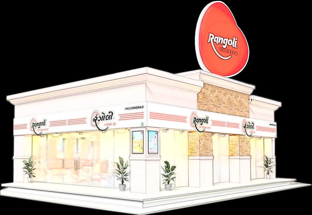 Drawing of a Rangoli Ice Cream outlet: a corner shop with the red Rangoli logo on a tall sign and glass shopfronts.